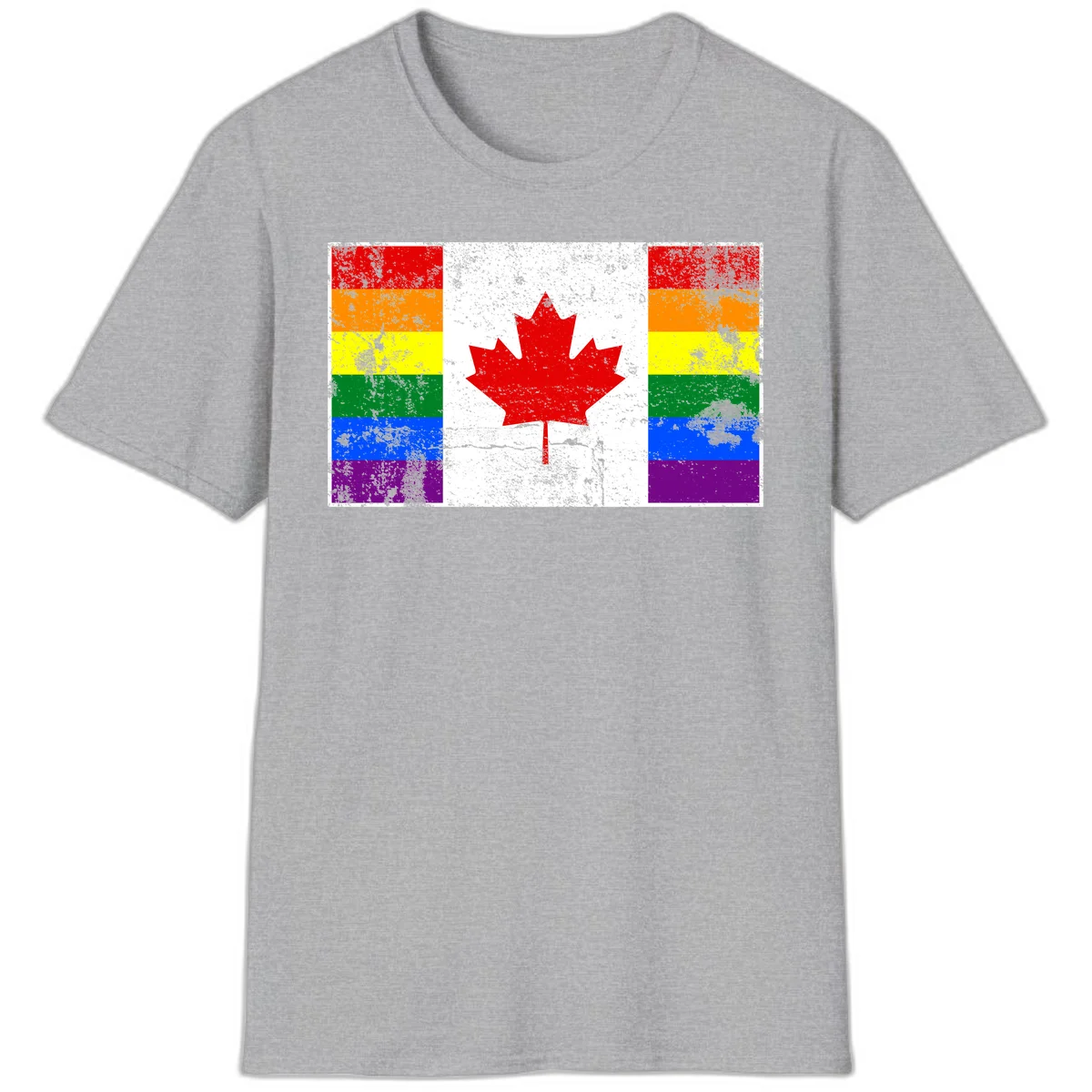 Canadian maple leaf in red and white centered between rainbow pride flag stripes with grunge texture, celebrating Canada pride in Sport Grey