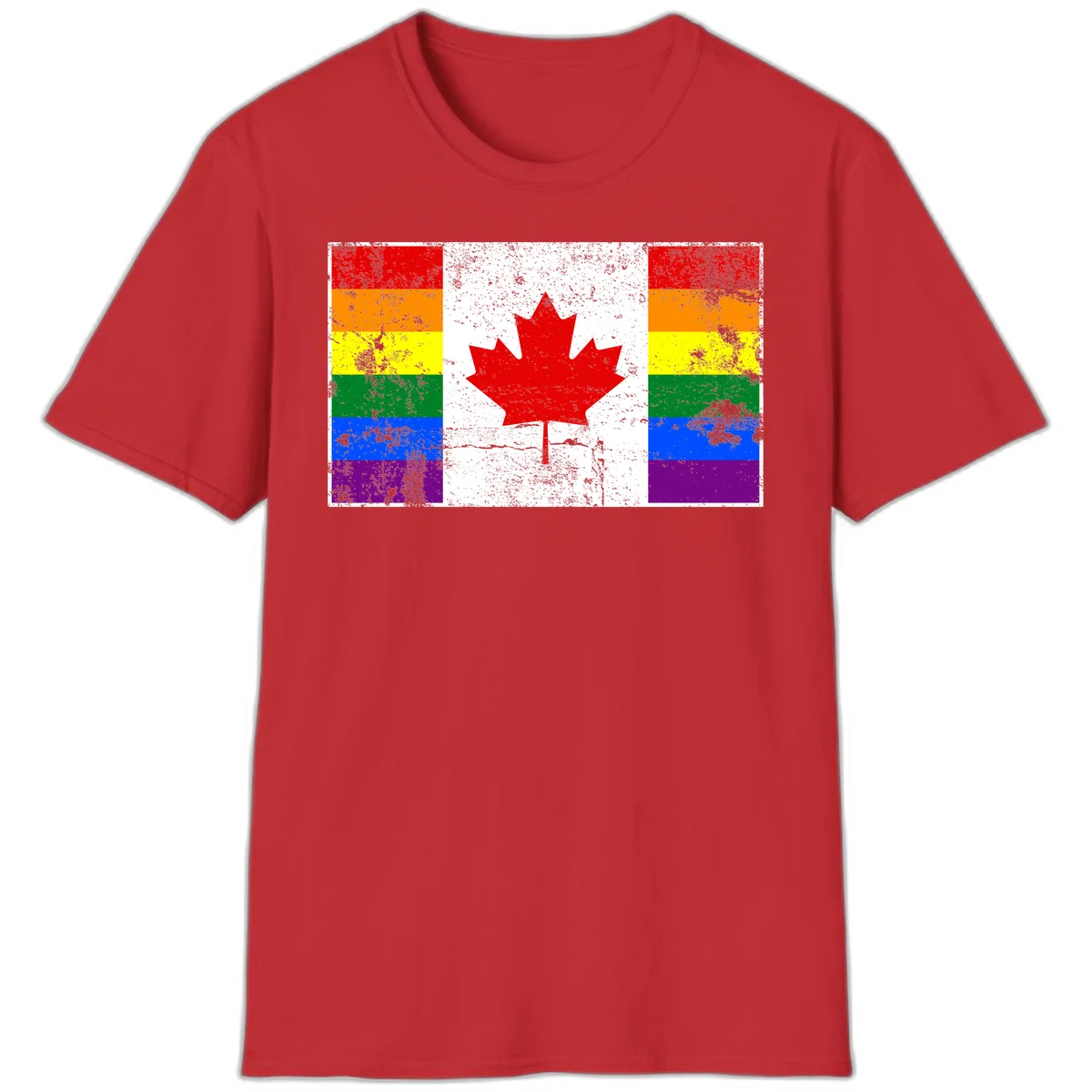 Canadian maple leaf in red and white centered between rainbow pride flag stripes with grunge texture, celebrating Canada pride in Red
