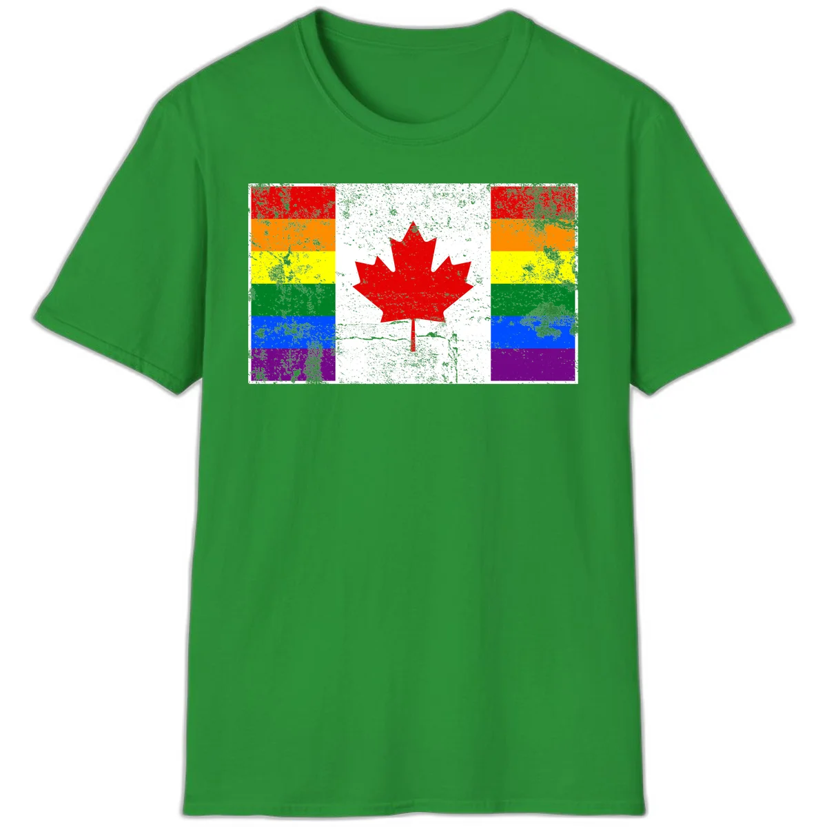 Canadian maple leaf in red and white centered between rainbow pride flag stripes with grunge texture, celebrating Canada pride in Irish Green