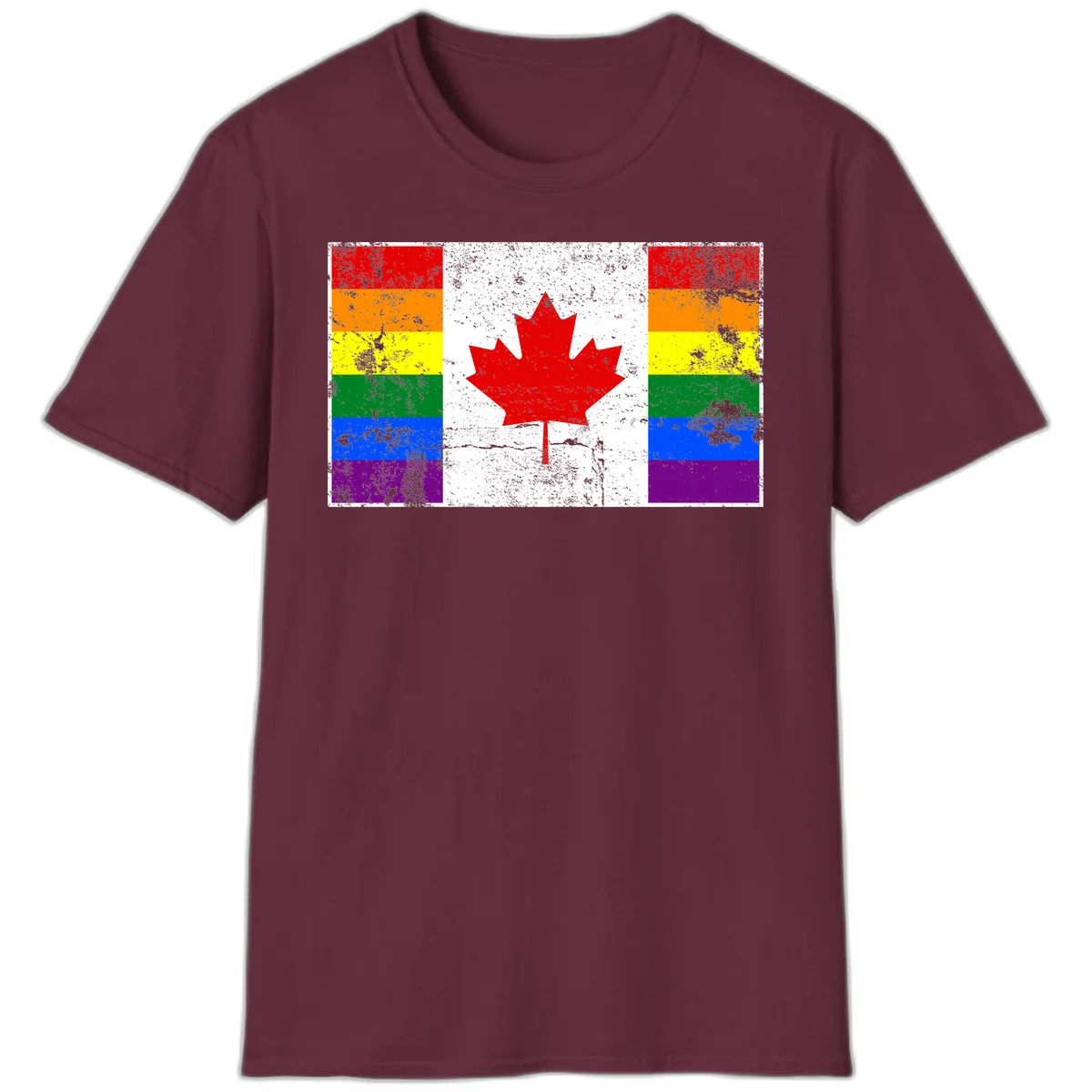 Canadian maple leaf in red and white centered between rainbow pride flag stripes with grunge texture, celebrating Canada pride in Maroon