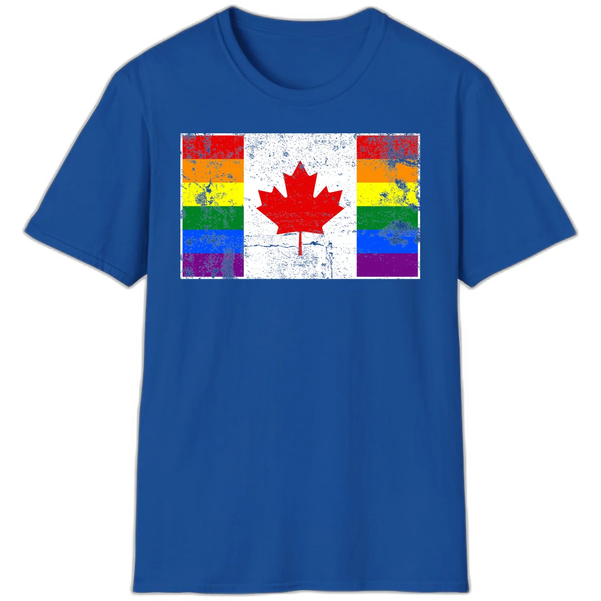Canadian maple leaf in red and white centered between rainbow pride flag stripes with grunge texture, celebrating Canada pride in Royal