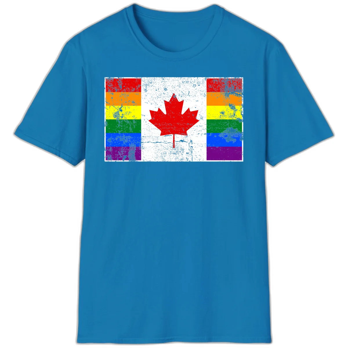 Canadian maple leaf in red and white centered between rainbow pride flag stripes with grunge texture, celebrating Canada pride in Sapphire