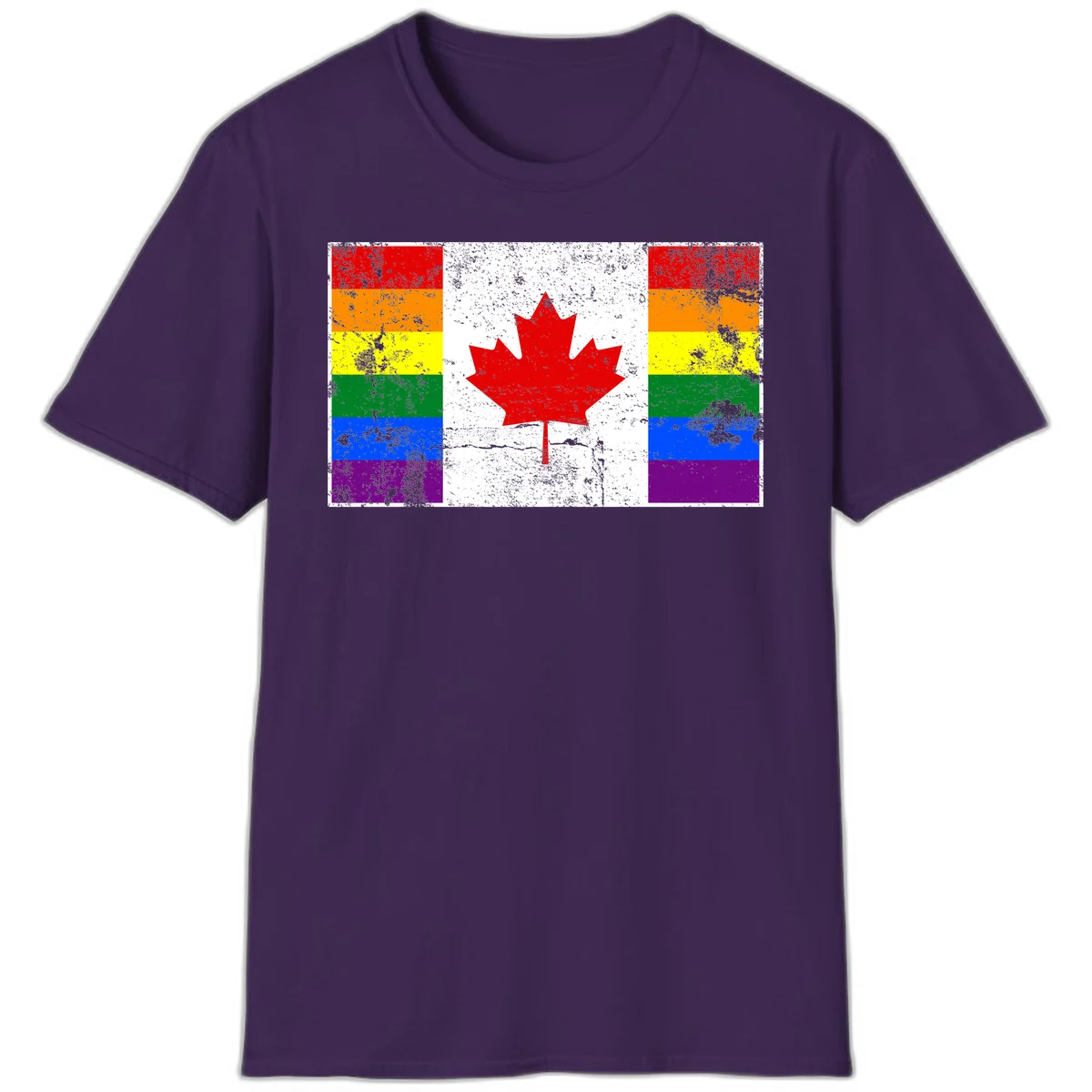 Canadian maple leaf in red and white centered between rainbow pride flag stripes with grunge texture, celebrating Canada pride in Purple
