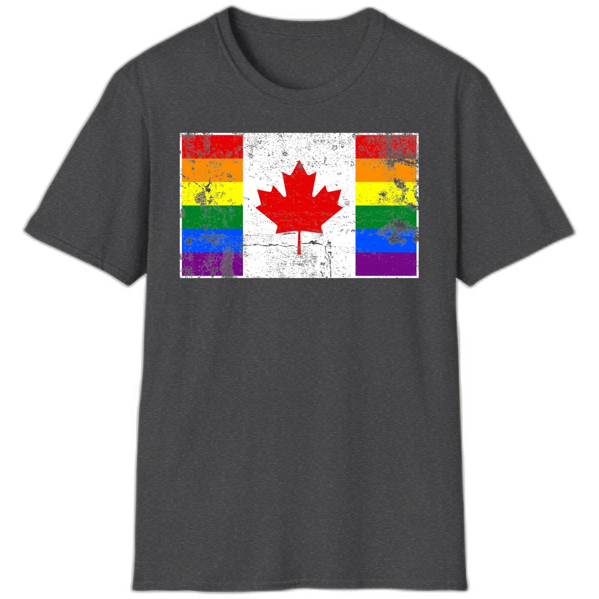 Canadian maple leaf in red and white centered between rainbow pride flag stripes with grunge texture, celebrating Canada pride in Dark Heather