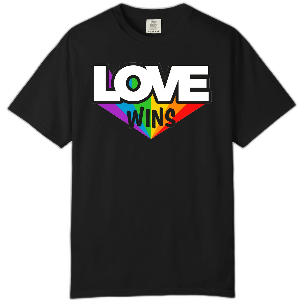 Love wins pride design with rainbow wings and gradient eye symbol in vibrant purple, blue, green, yellow, orange and red colors in Black