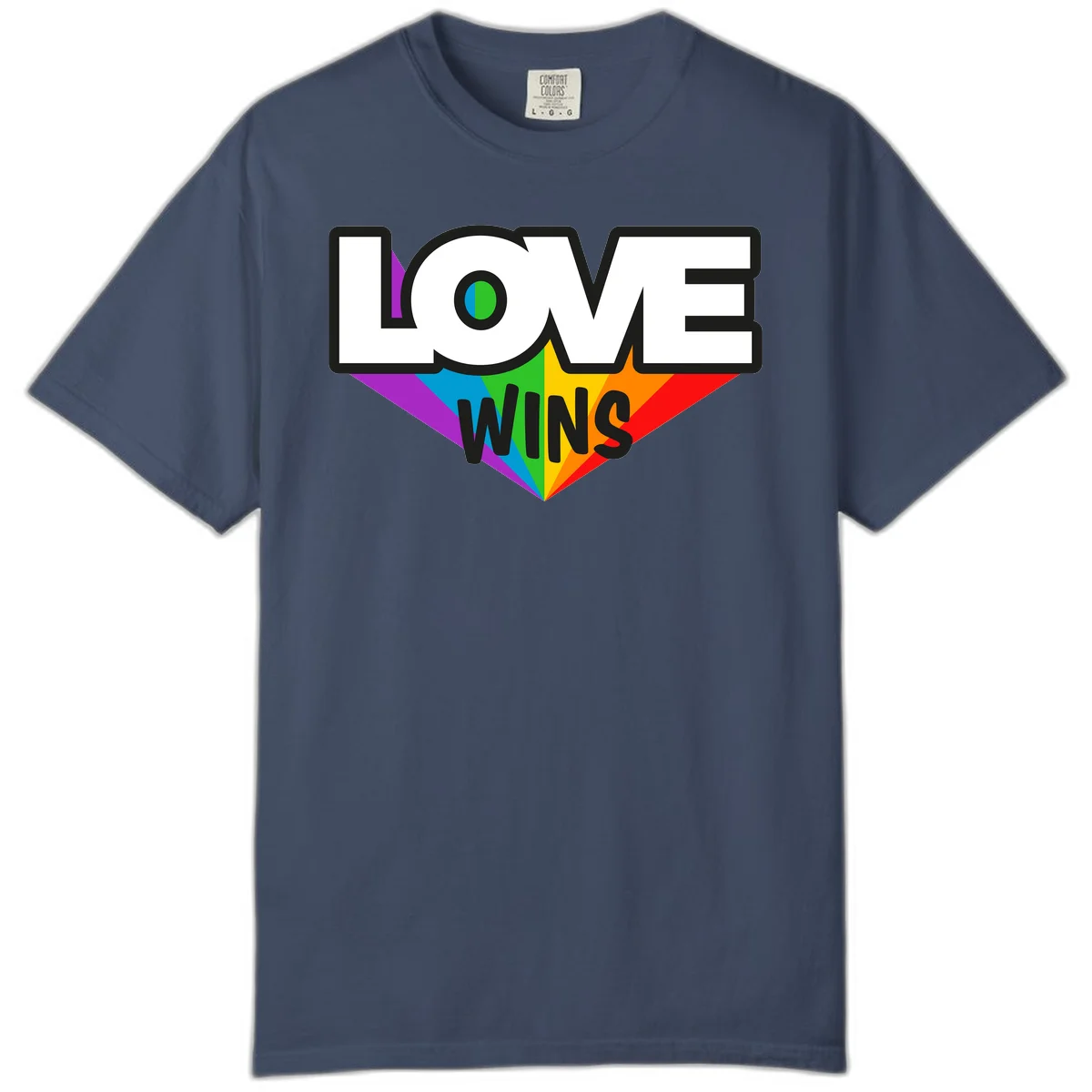 Love wins pride design with rainbow wings and gradient eye symbol in vibrant purple, blue, green, yellow, orange and red colors in Midnight