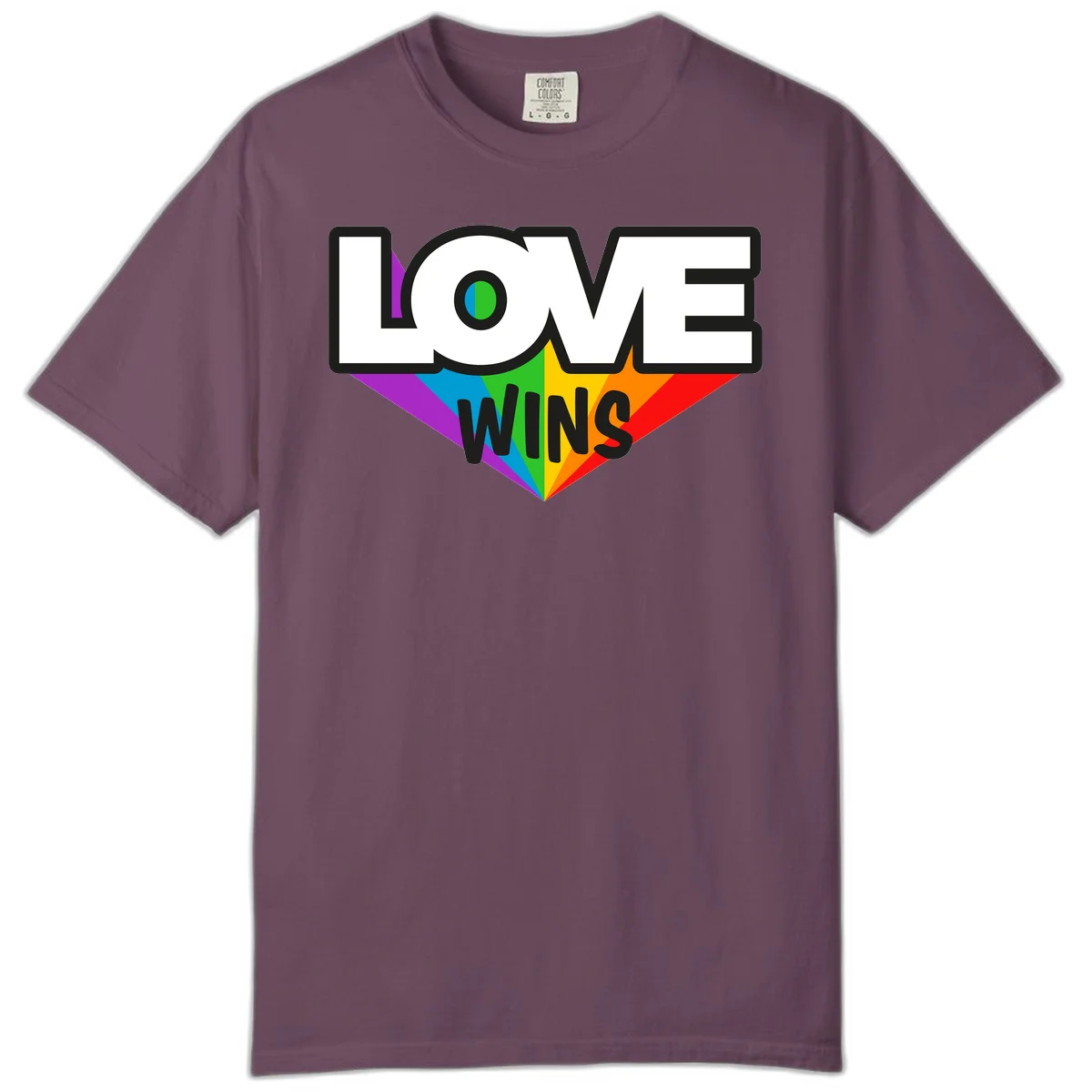 Love wins pride design with rainbow wings and gradient eye symbol in vibrant purple, blue, green, yellow, orange and red colors in Berry