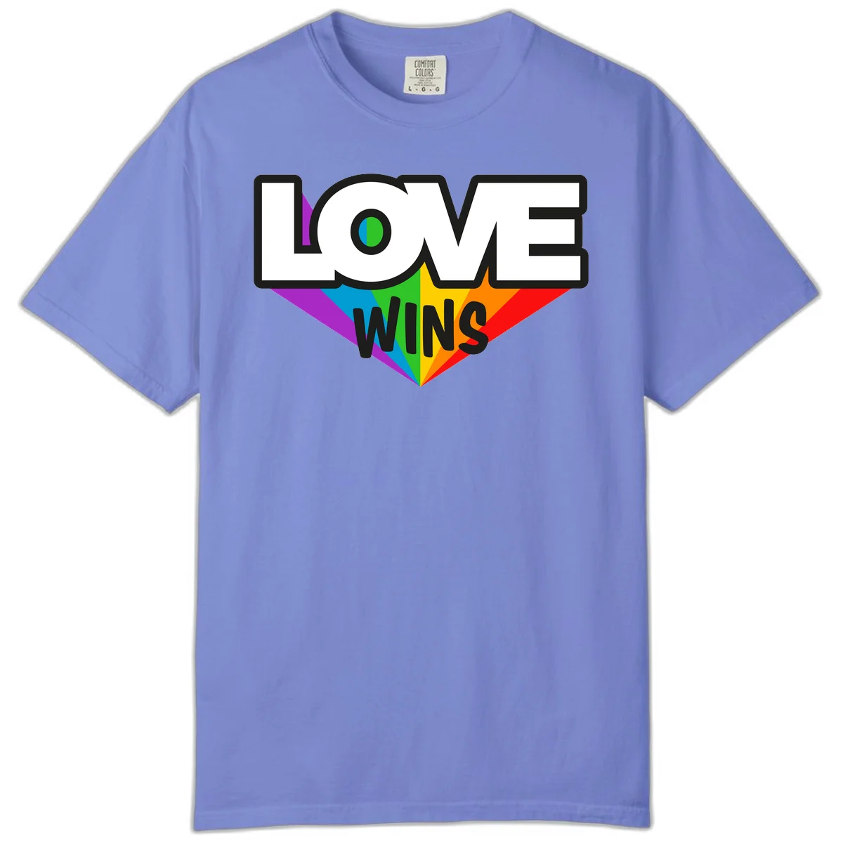 Love wins pride design with rainbow wings and gradient eye symbol in vibrant purple, blue, green, yellow, orange and red colors in Flo Blue