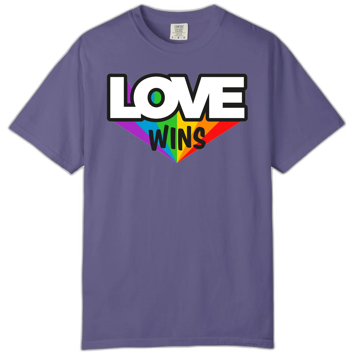 Love wins pride design with rainbow wings and gradient eye symbol in vibrant purple, blue, green, yellow, orange and red colors in Grape