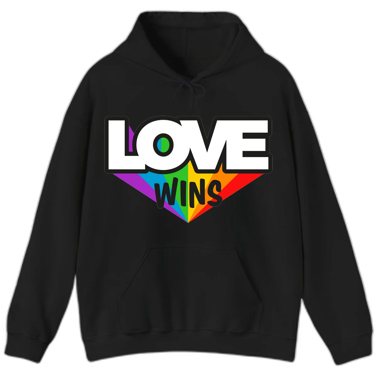 Love wins pride design with rainbow wings and gradient eye symbol in vibrant purple, blue, green, yellow, orange and red colors in Black