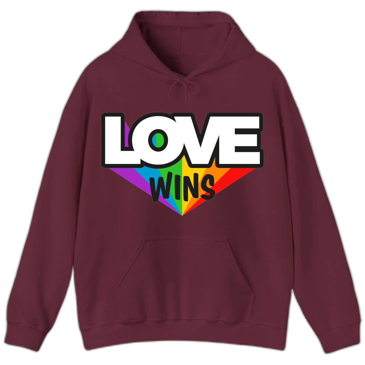 Love wins pride design with rainbow wings and gradient eye symbol in vibrant purple, blue, green, yellow, orange and red colors in Maroon