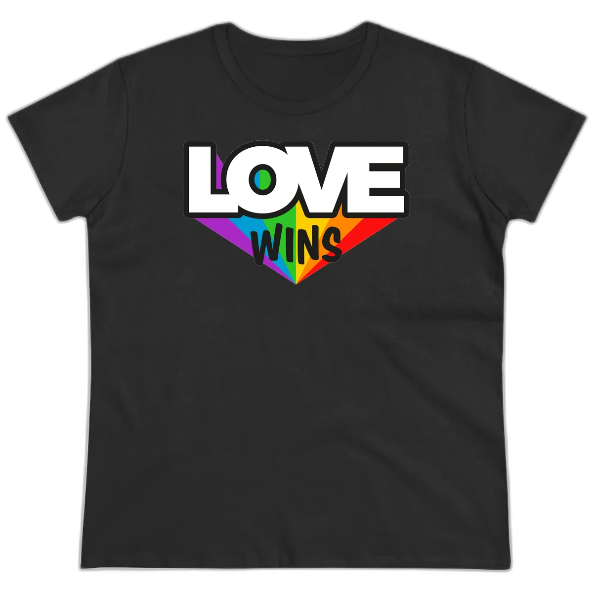 Love wins pride design with rainbow wings and gradient eye symbol in vibrant purple, blue, green, yellow, orange and red colors in Black