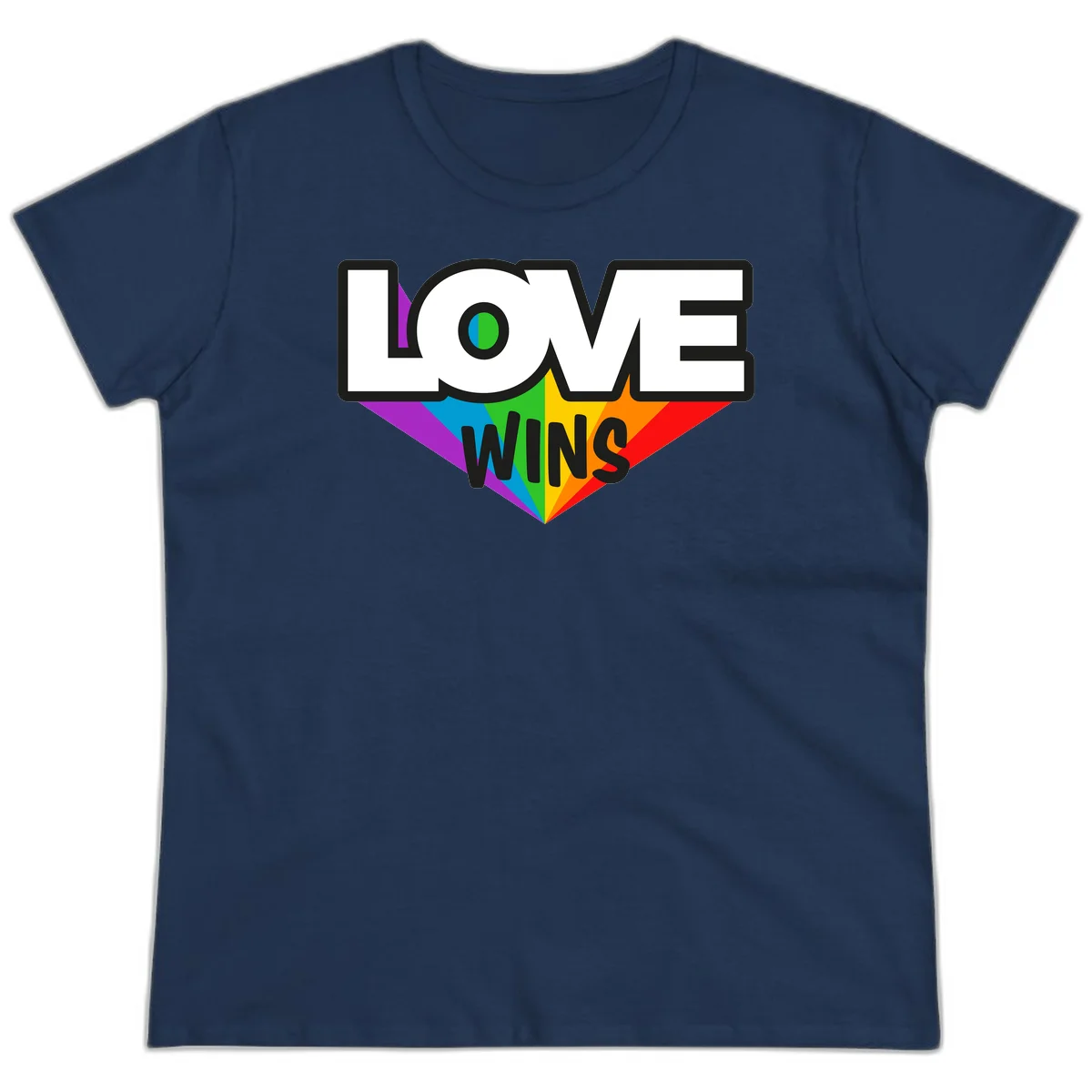 Love wins pride design with rainbow wings and gradient eye symbol in vibrant purple, blue, green, yellow, orange and red colors in Navy