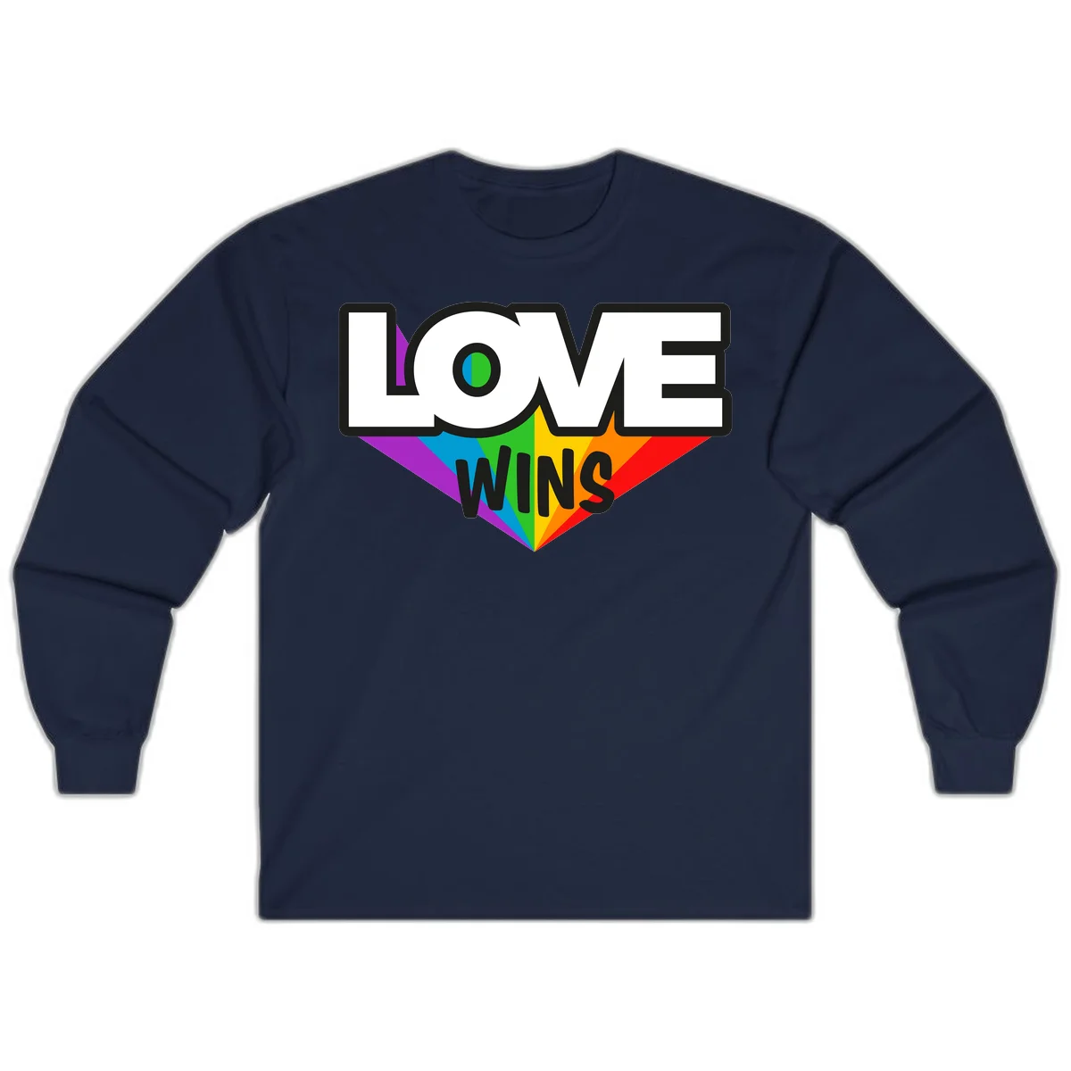 Love wins pride design with rainbow wings and gradient eye symbol in vibrant purple, blue, green, yellow, orange and red colors in Navy