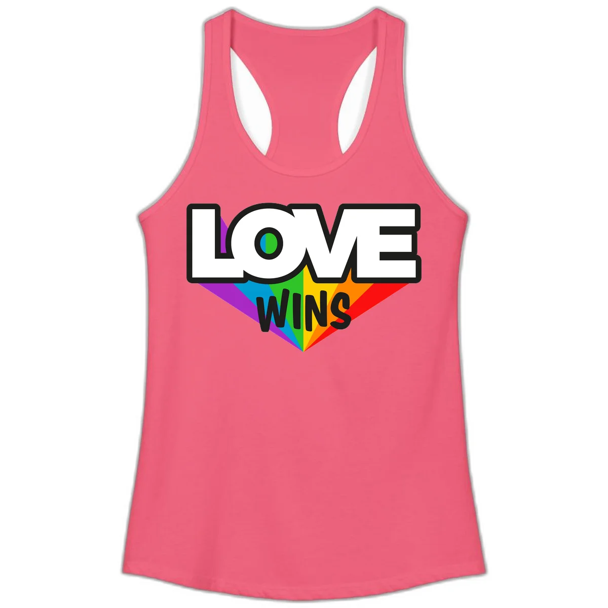 Love wins pride design with rainbow wings and gradient eye symbol in vibrant purple, blue, green, yellow, orange and red colors in Hot Pink