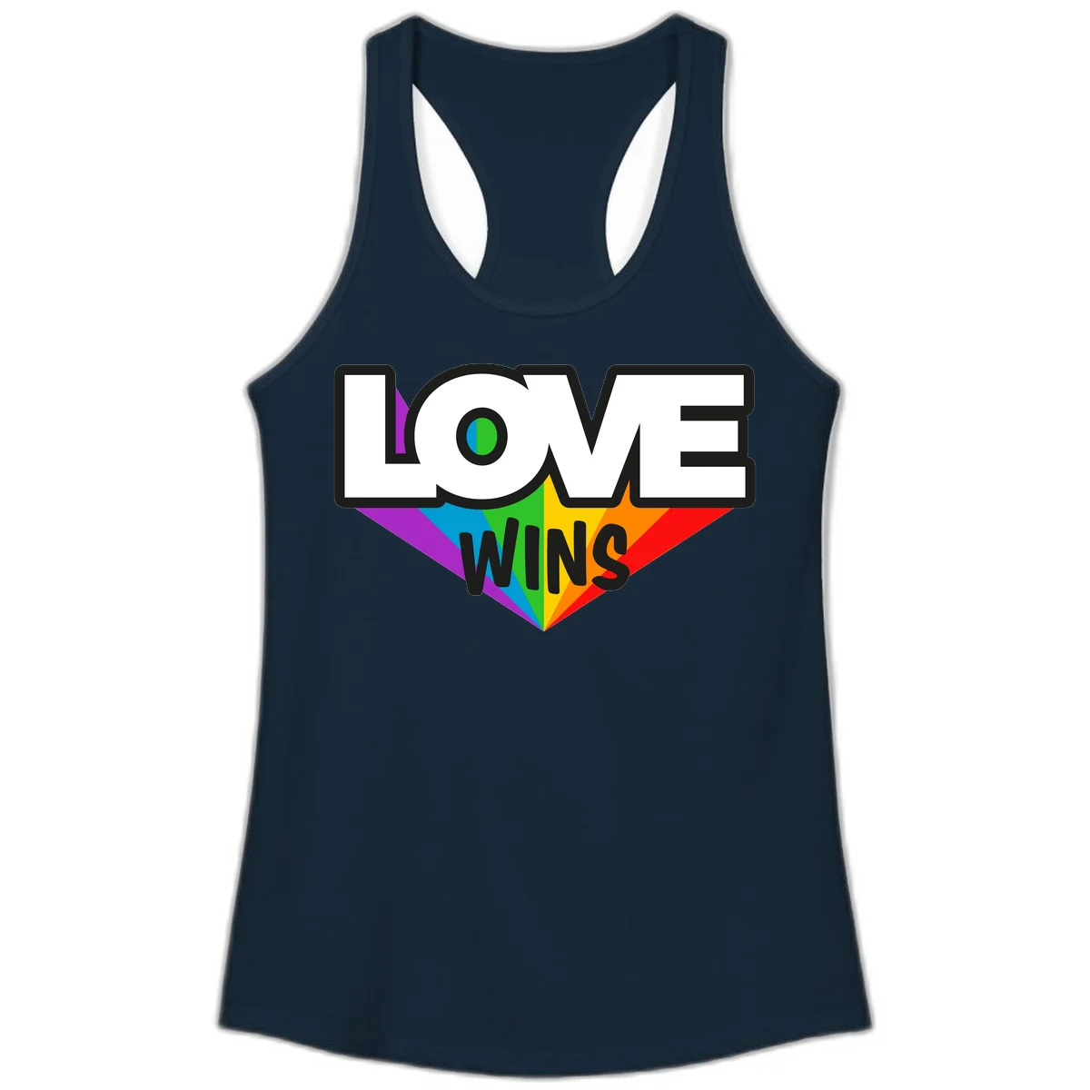 Love wins pride design with rainbow wings and gradient eye symbol in vibrant purple, blue, green, yellow, orange and red colors in Solid Midnight Navy
