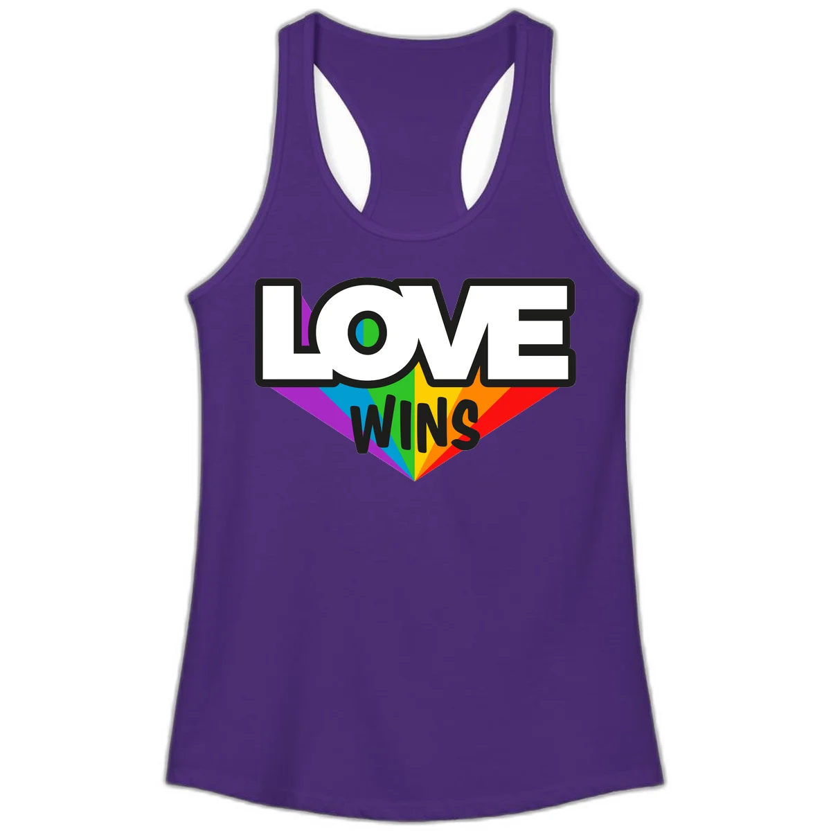 Love wins pride design with rainbow wings and gradient eye symbol in vibrant purple, blue, green, yellow, orange and red colors in Solid Purple Rush