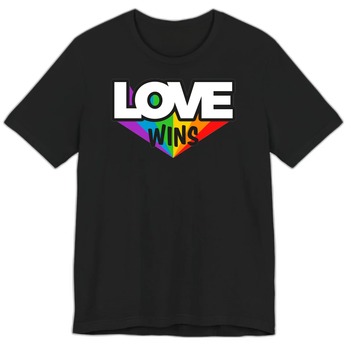 Love wins pride design with rainbow wings and gradient eye symbol in vibrant purple, blue, green, yellow, orange and red colors in Black