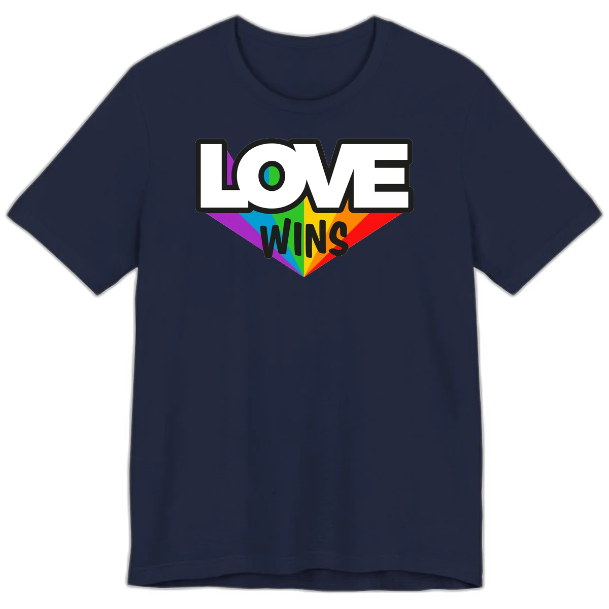 Love wins pride design with rainbow wings and gradient eye symbol in vibrant purple, blue, green, yellow, orange and red colors in Navy