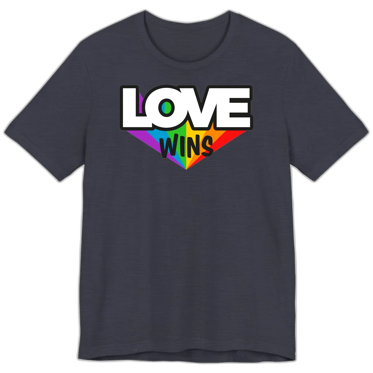 Love wins pride design with rainbow wings and gradient eye symbol in vibrant purple, blue, green, yellow, orange and red colors in Heather Midnight Navy