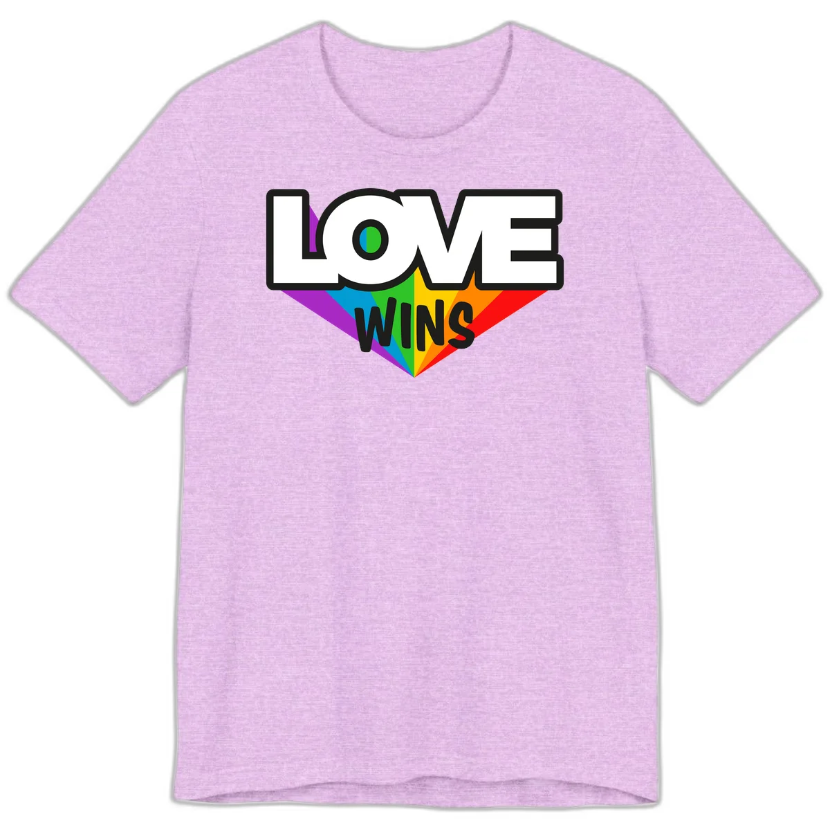 Love wins pride design with rainbow wings and gradient eye symbol in vibrant purple, blue, green, yellow, orange and red colors in Heather Prism Lilac