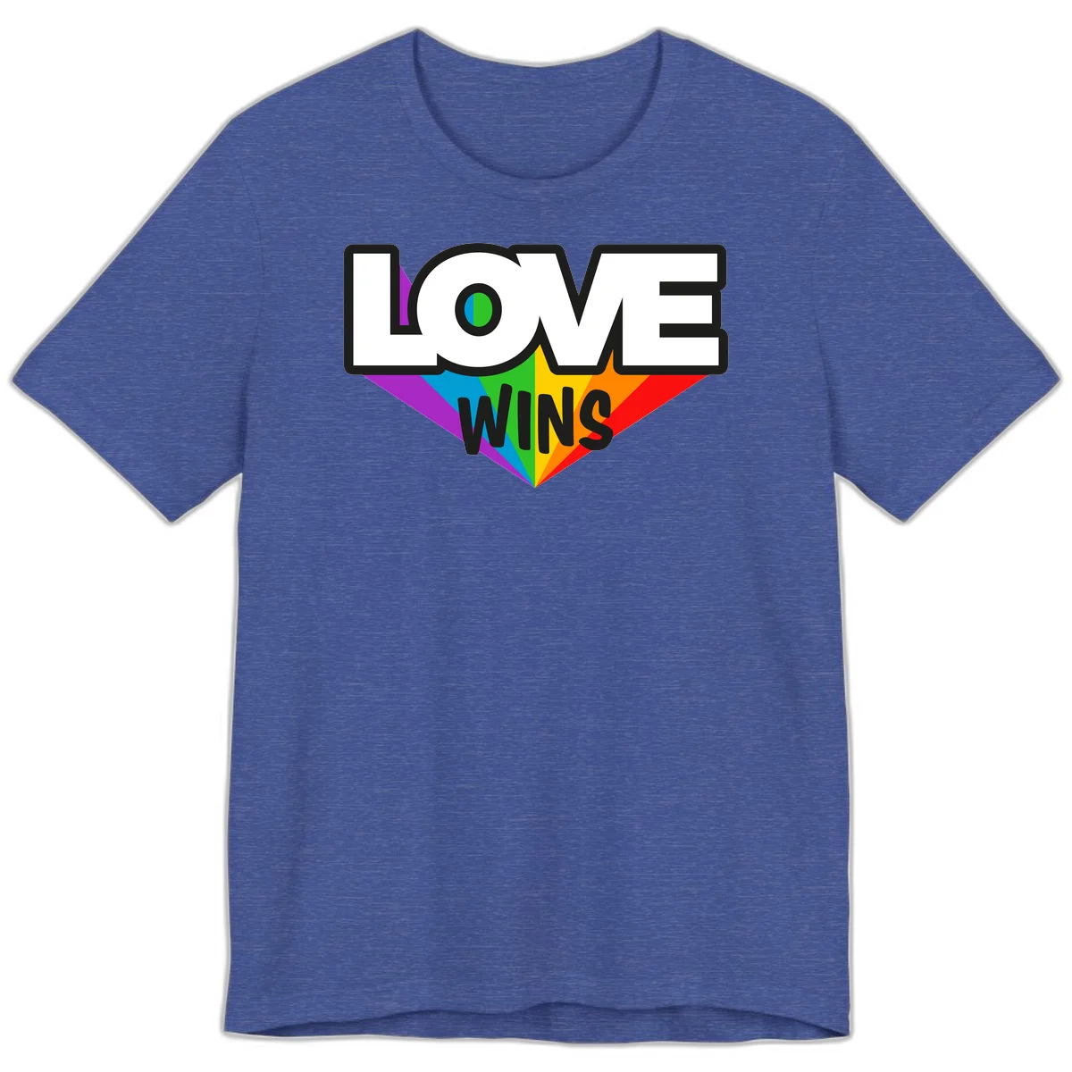 Love wins pride design with rainbow wings and gradient eye symbol in vibrant purple, blue, green, yellow, orange and red colors in Heather True Royal