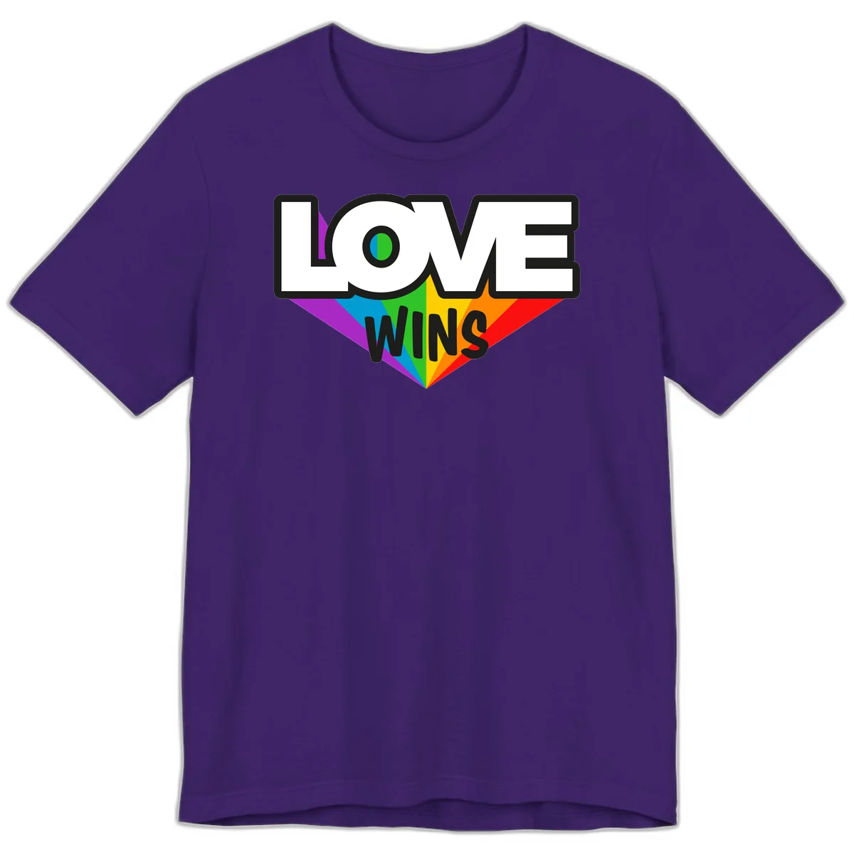 Love wins pride design with rainbow wings and gradient eye symbol in vibrant purple, blue, green, yellow, orange and red colors in Team Purple
