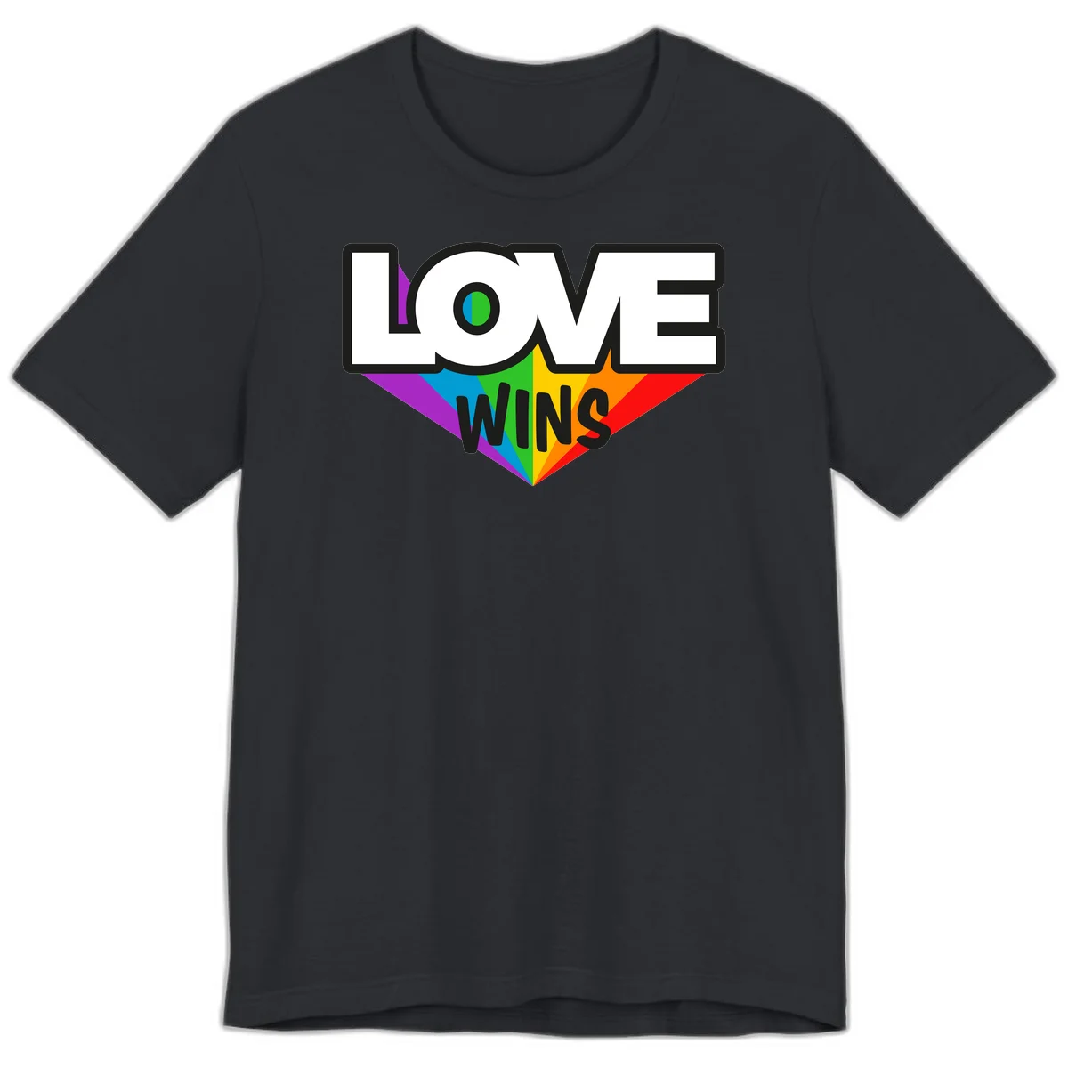 Love wins pride design with rainbow wings and gradient eye symbol in vibrant purple, blue, green, yellow, orange and red colors in Vintage Black