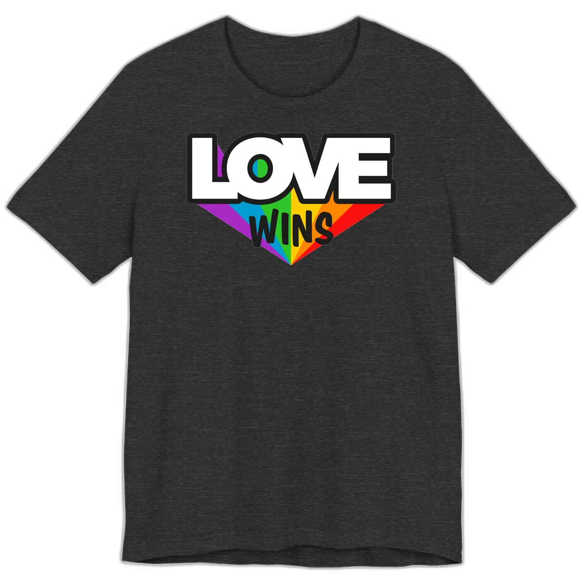 Love wins pride design with rainbow wings and gradient eye symbol in vibrant purple, blue, green, yellow, orange and red colors in Dark Grey Heather
