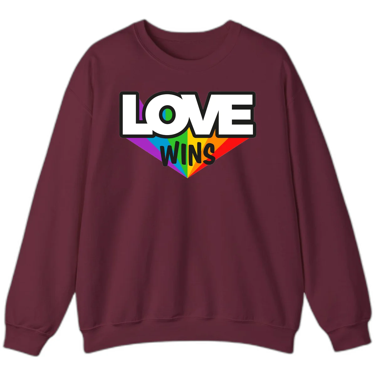 Love wins pride design with rainbow wings and gradient eye symbol in vibrant purple, blue, green, yellow, orange and red colors in Maroon