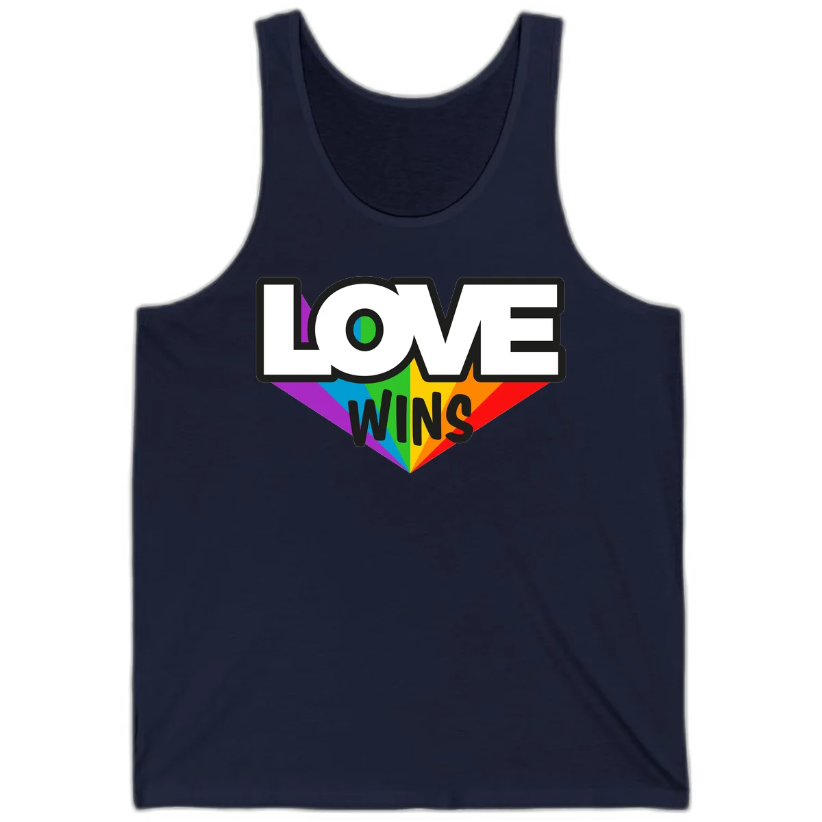 Love wins pride design with rainbow wings and gradient eye symbol in vibrant purple, blue, green, yellow, orange and red colors in Navy