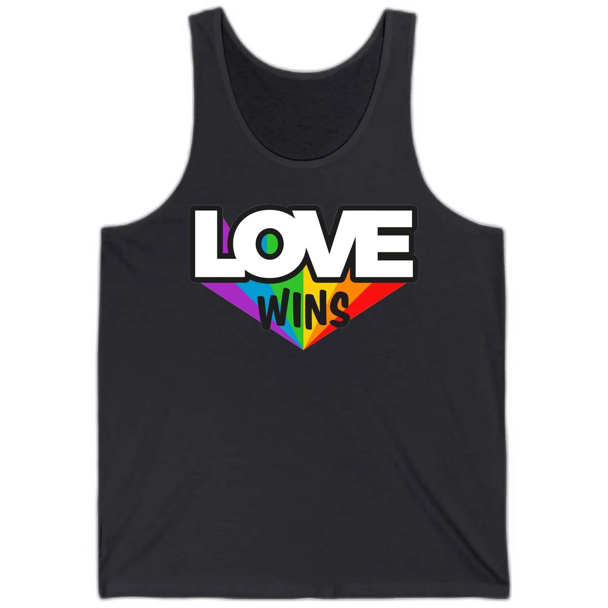 Love wins pride design with rainbow wings and gradient eye symbol in vibrant purple, blue, green, yellow, orange and red colors in Dark Grey