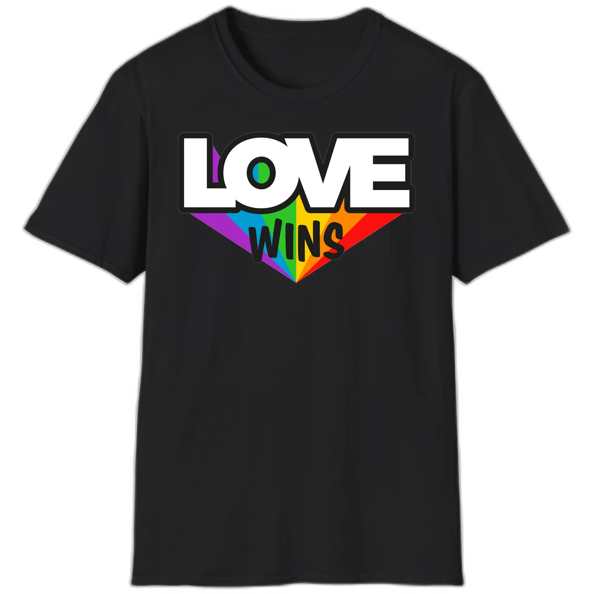 Love wins pride design with rainbow wings and gradient eye symbol in vibrant purple, blue, green, yellow, orange and red colors in Black