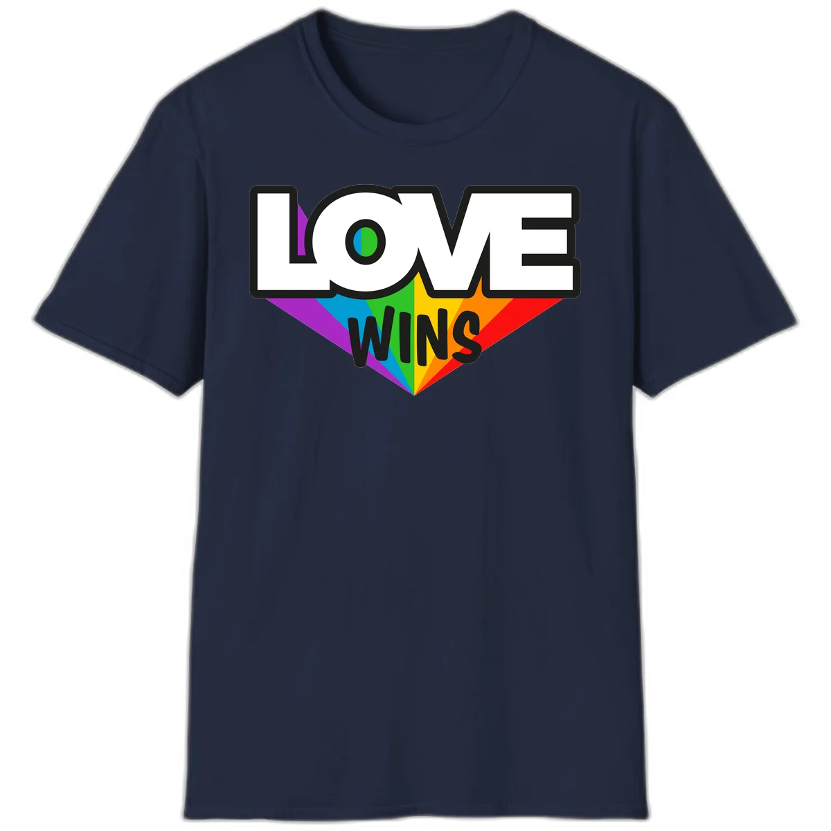 Love wins pride design with rainbow wings and gradient eye symbol in vibrant purple, blue, green, yellow, orange and red colors in Navy