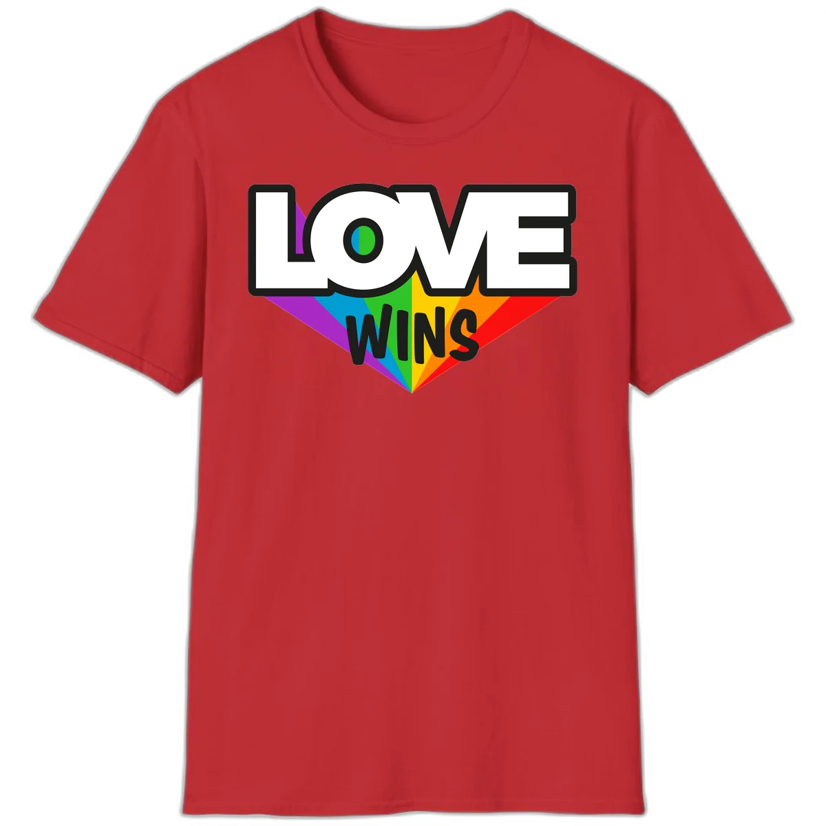 Love wins pride design with rainbow wings and gradient eye symbol in vibrant purple, blue, green, yellow, orange and red colors in Red