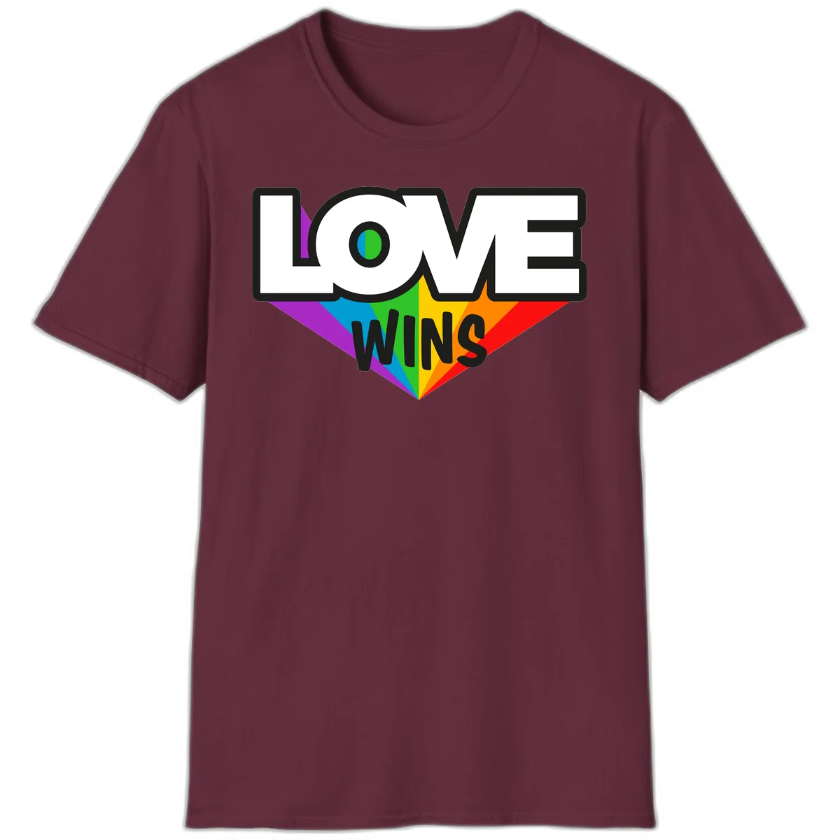 Love wins pride design with rainbow wings and gradient eye symbol in vibrant purple, blue, green, yellow, orange and red colors in Maroon