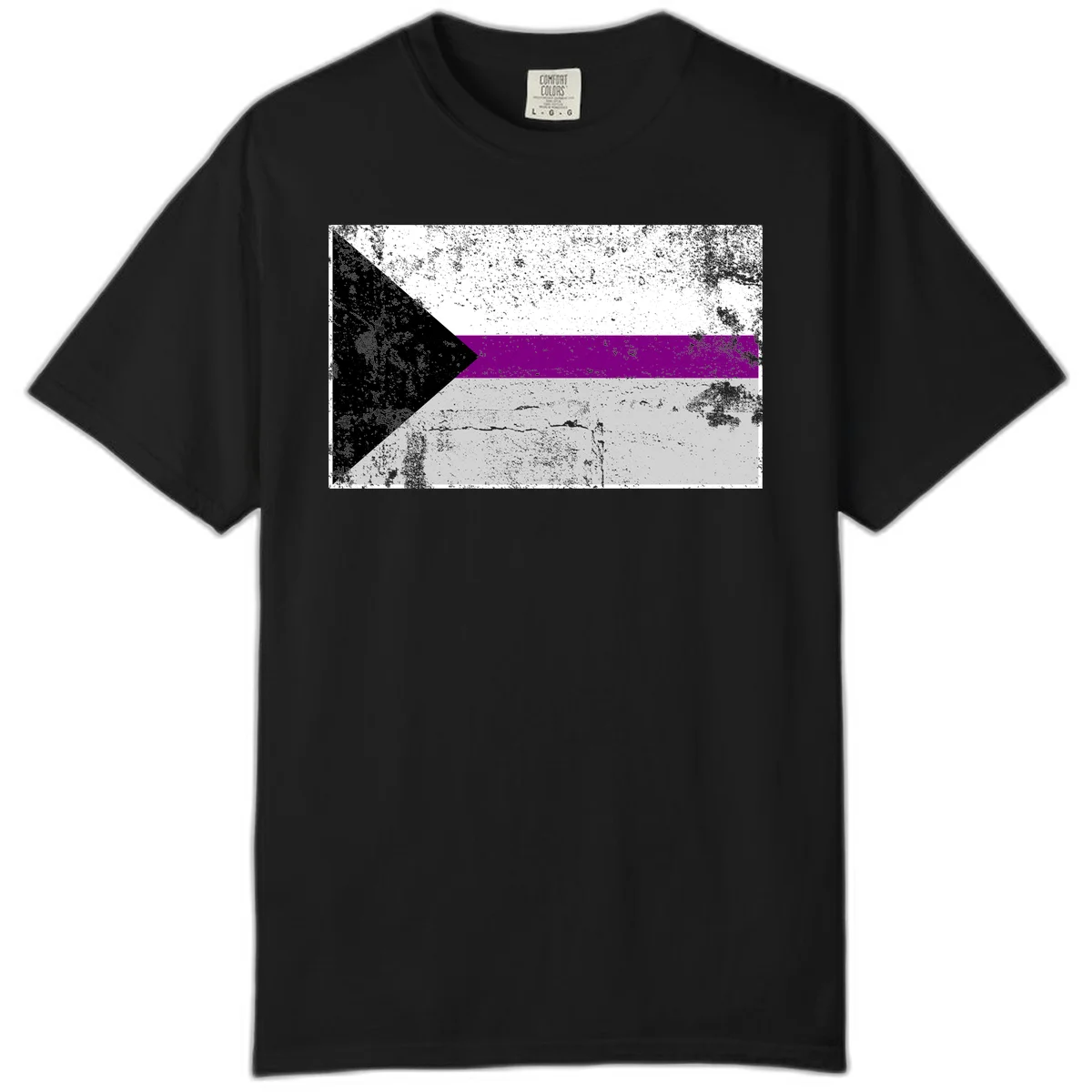 Asexual pride flag with black, purple, white, and gray horizontal stripes and rightward chevron, distressed grunge texture in Black