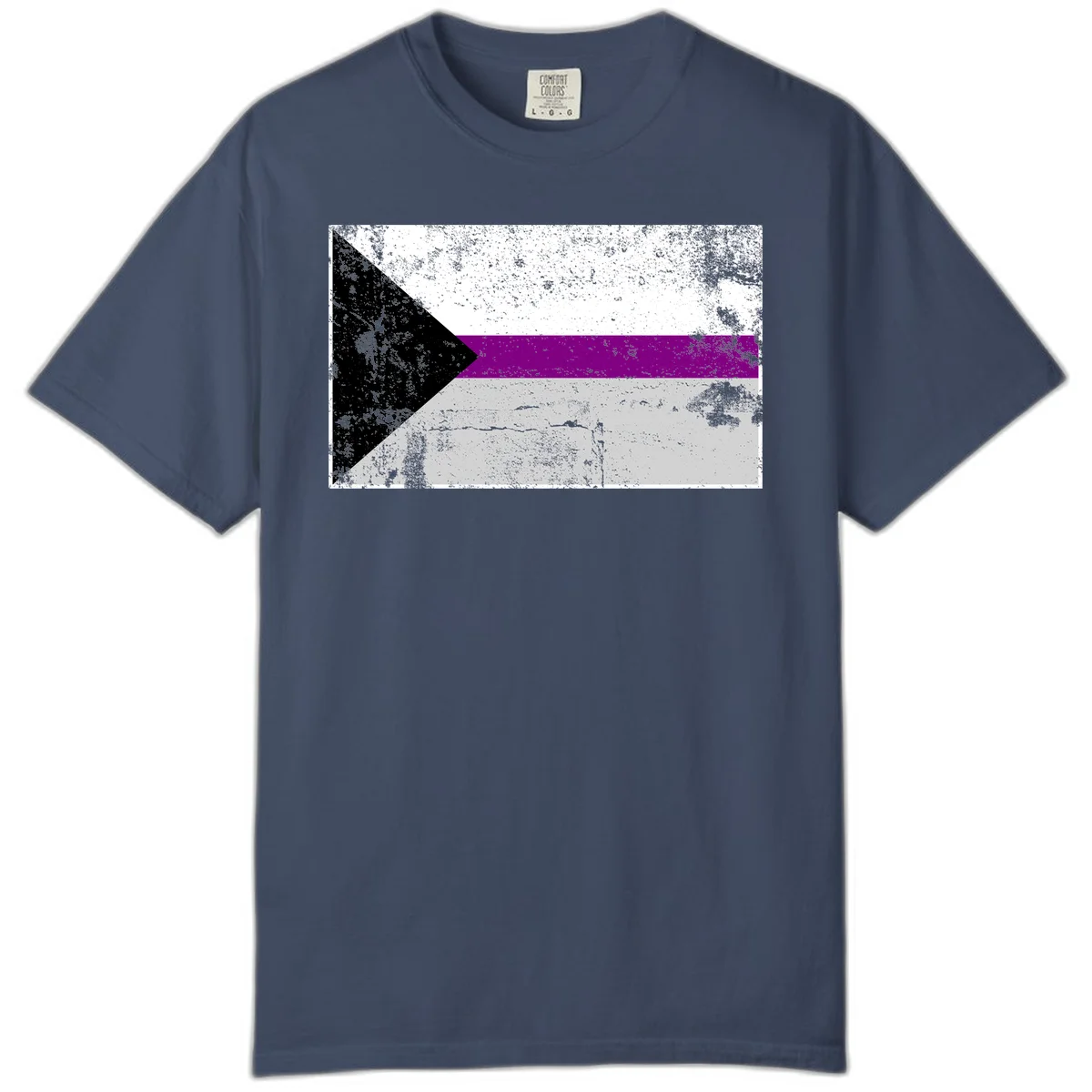 Asexual pride flag with black, purple, white, and gray horizontal stripes and rightward chevron, distressed grunge texture in Midnight