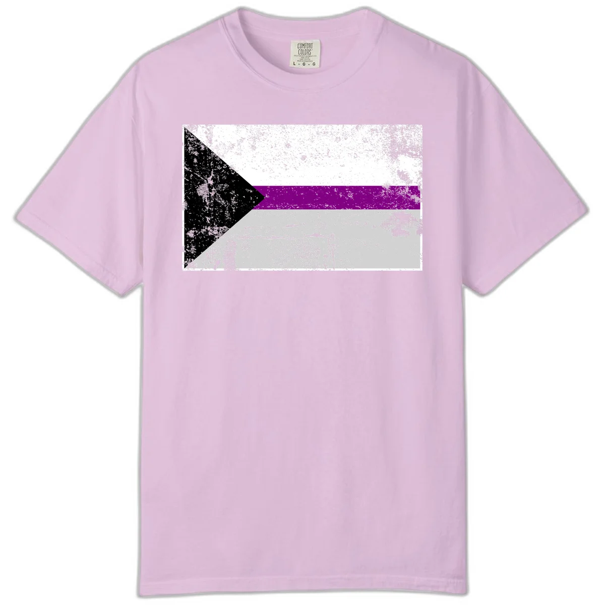 Asexual pride flag with black, purple, white, and gray horizontal stripes and rightward chevron, distressed grunge texture in Orchid