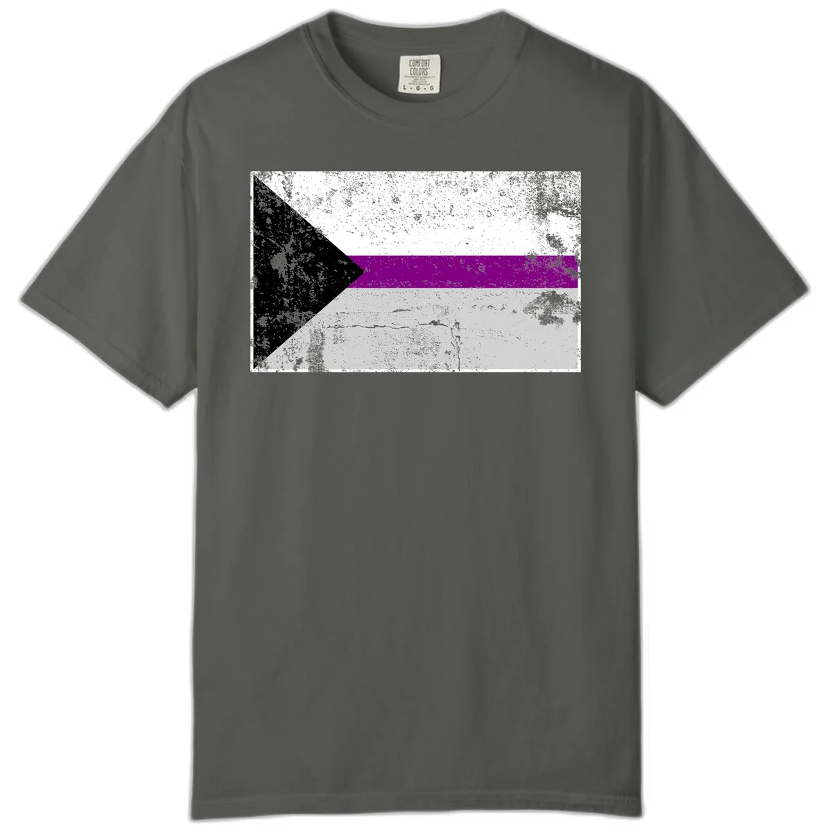 Asexual pride flag with black, purple, white, and gray horizontal stripes and rightward chevron, distressed grunge texture in Pepper