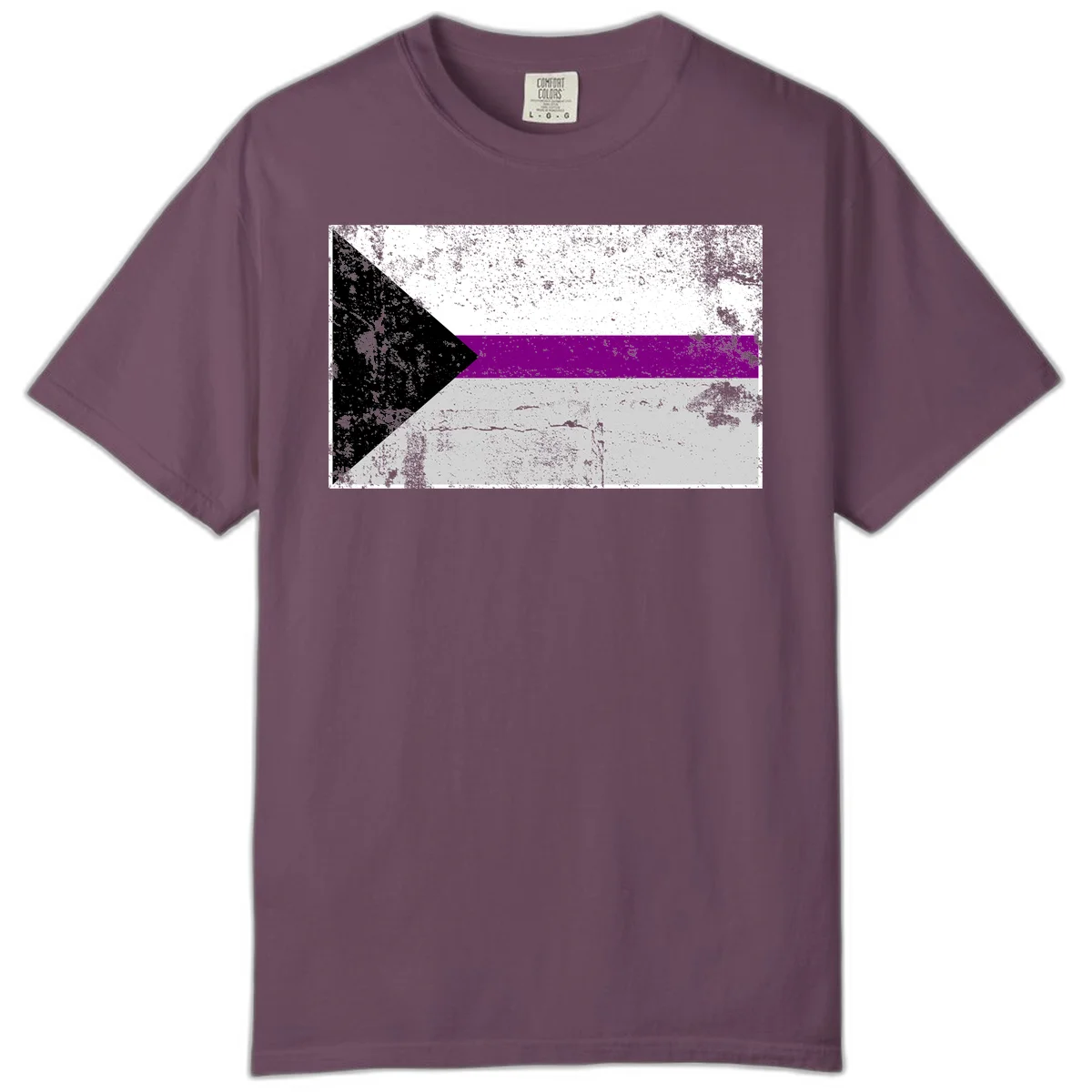 Asexual pride flag with black, purple, white, and gray horizontal stripes and rightward chevron, distressed grunge texture in Berry