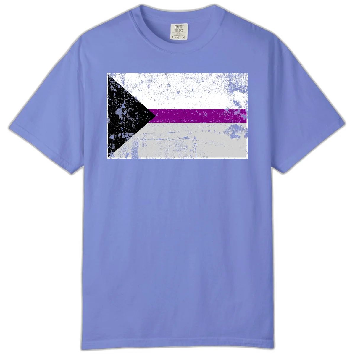 Asexual pride flag with black, purple, white, and gray horizontal stripes and rightward chevron, distressed grunge texture in Flo Blue
