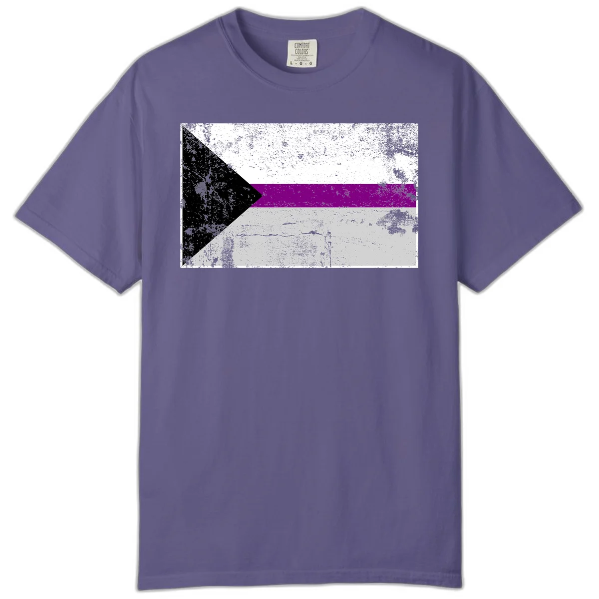 Asexual pride flag with black, purple, white, and gray horizontal stripes and rightward chevron, distressed grunge texture in Grape