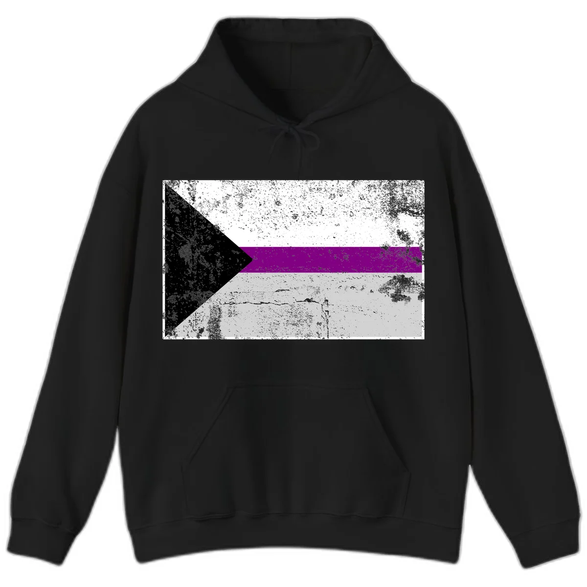 Asexual pride flag with black, purple, white, and gray horizontal stripes and rightward chevron, distressed grunge texture in Black