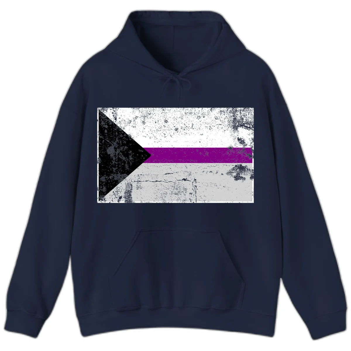 Asexual pride flag with black, purple, white, and gray horizontal stripes and rightward chevron, distressed grunge texture in Navy