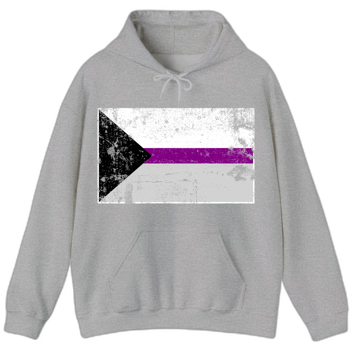 Asexual pride flag with black, purple, white, and gray horizontal stripes and rightward chevron, distressed grunge texture in Sport Grey