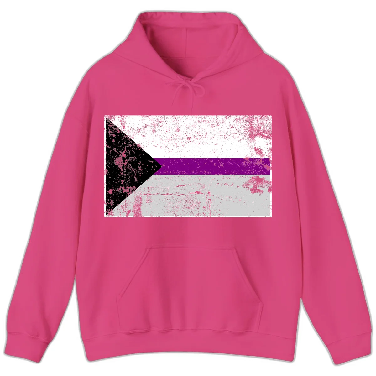 Asexual pride flag with black, purple, white, and gray horizontal stripes and rightward chevron, distressed grunge texture in Heliconia