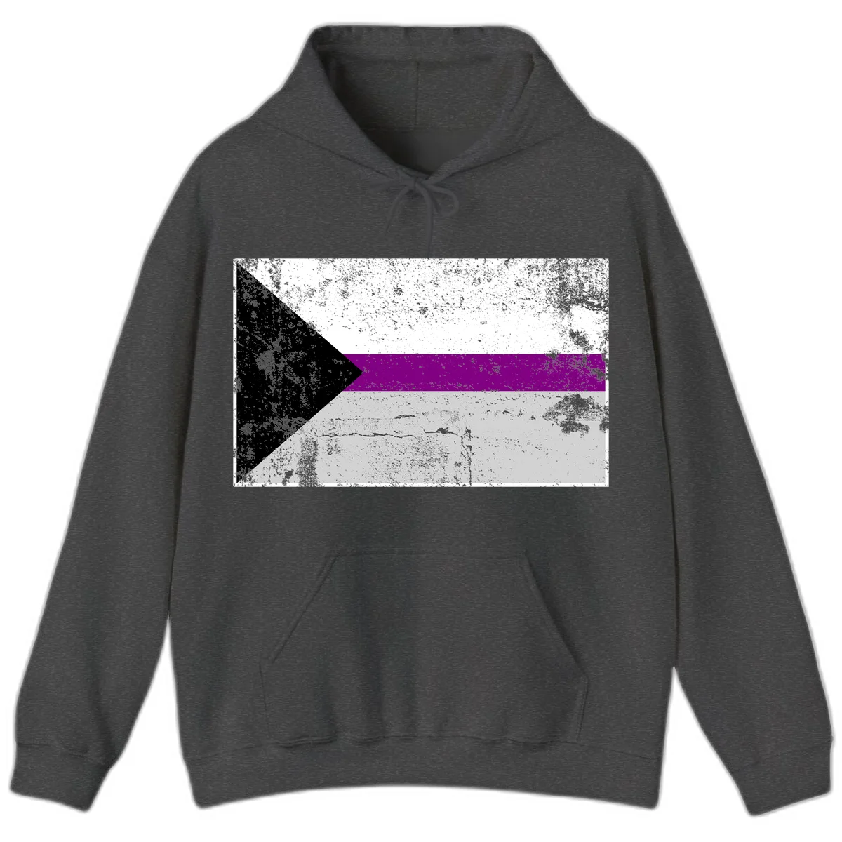 Asexual pride flag with black, purple, white, and gray horizontal stripes and rightward chevron, distressed grunge texture in Dark Heather