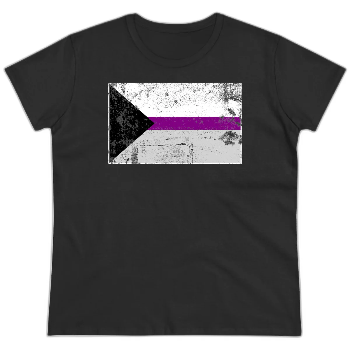 Asexual pride flag with black, purple, white, and gray horizontal stripes and rightward chevron, distressed grunge texture in Black