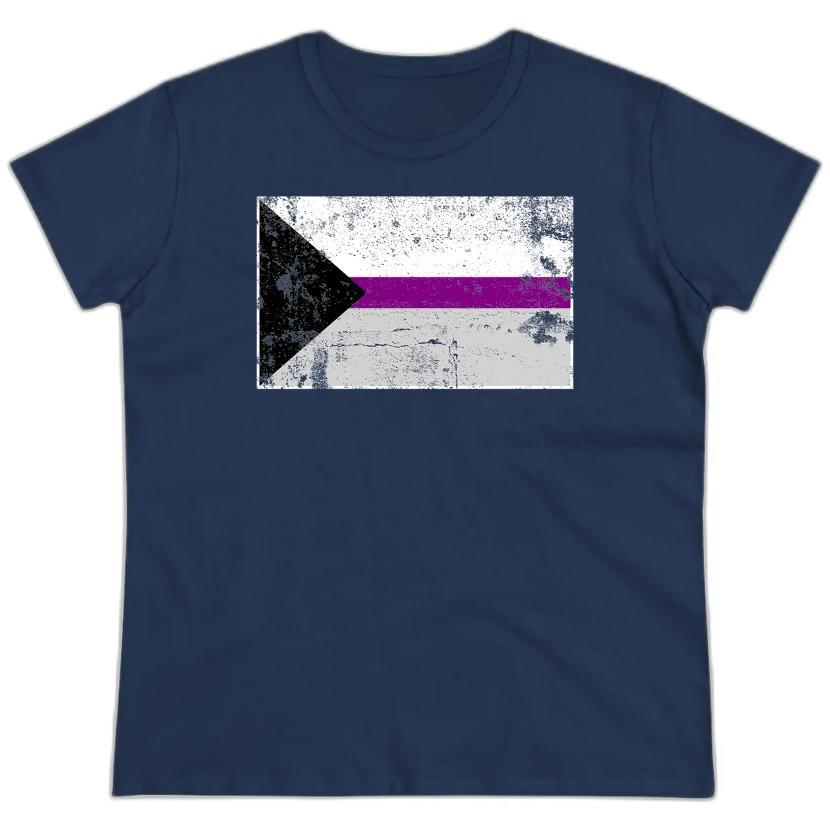 Asexual pride flag with black, purple, white, and gray horizontal stripes and rightward chevron, distressed grunge texture in Navy